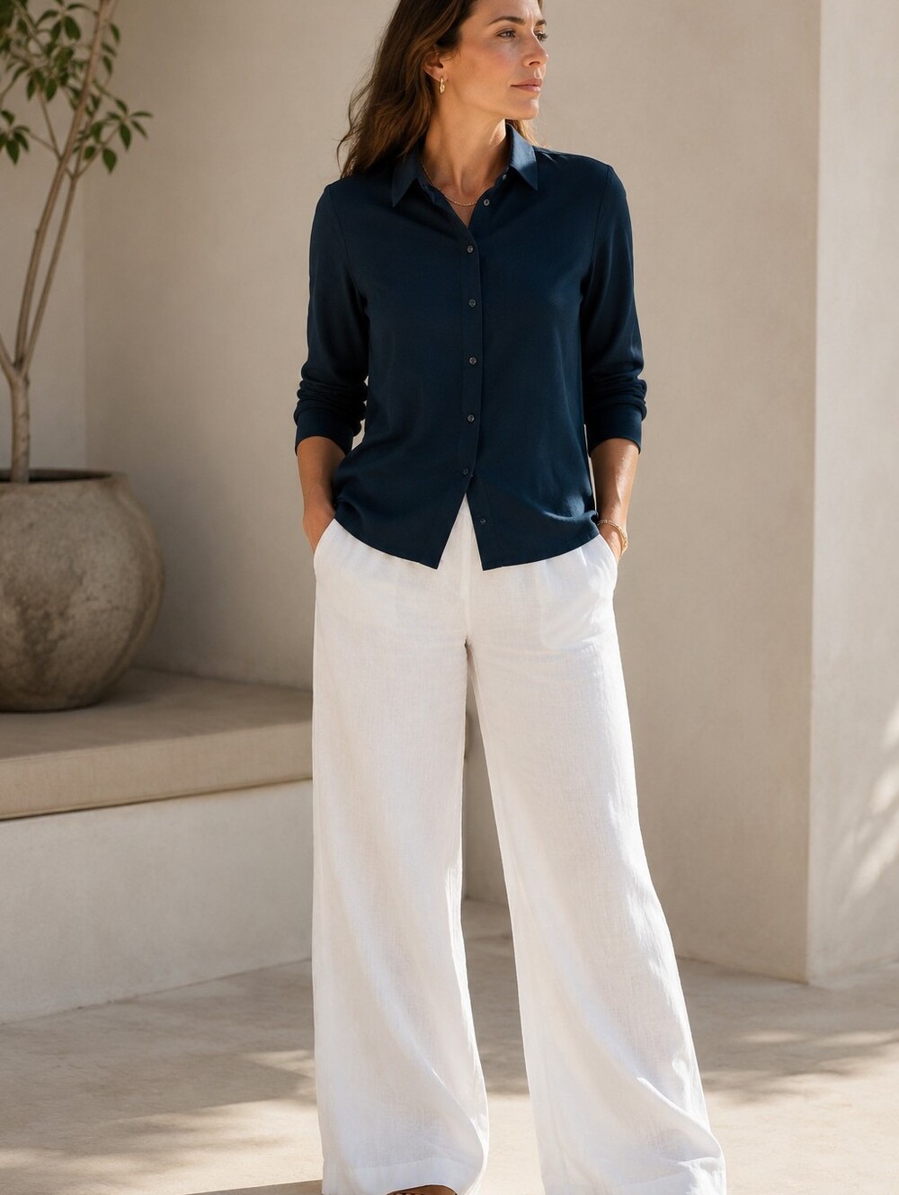 Eileen Fisher Fine Jersey Classic Collar Shirt in Navy Quiet Luxury Women's XL